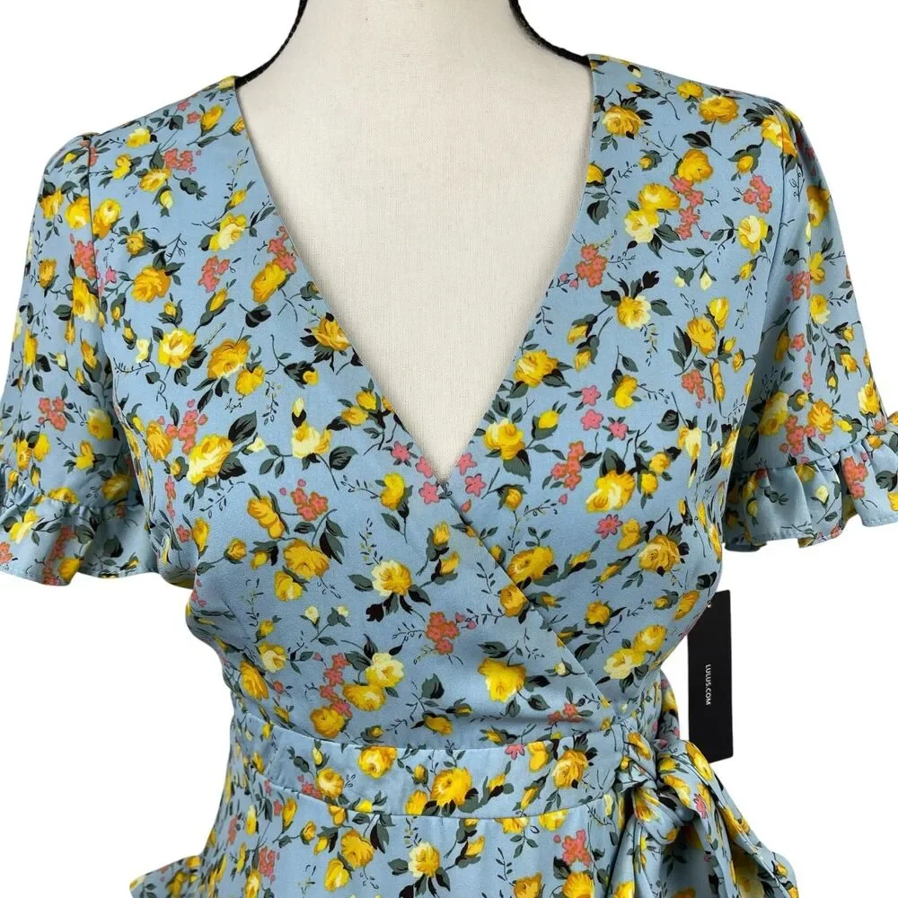 Lulus Feeling Butterflies Blue Floral Boho Tiered Ruffle Mini Dress Medium - Picture 3 of 12